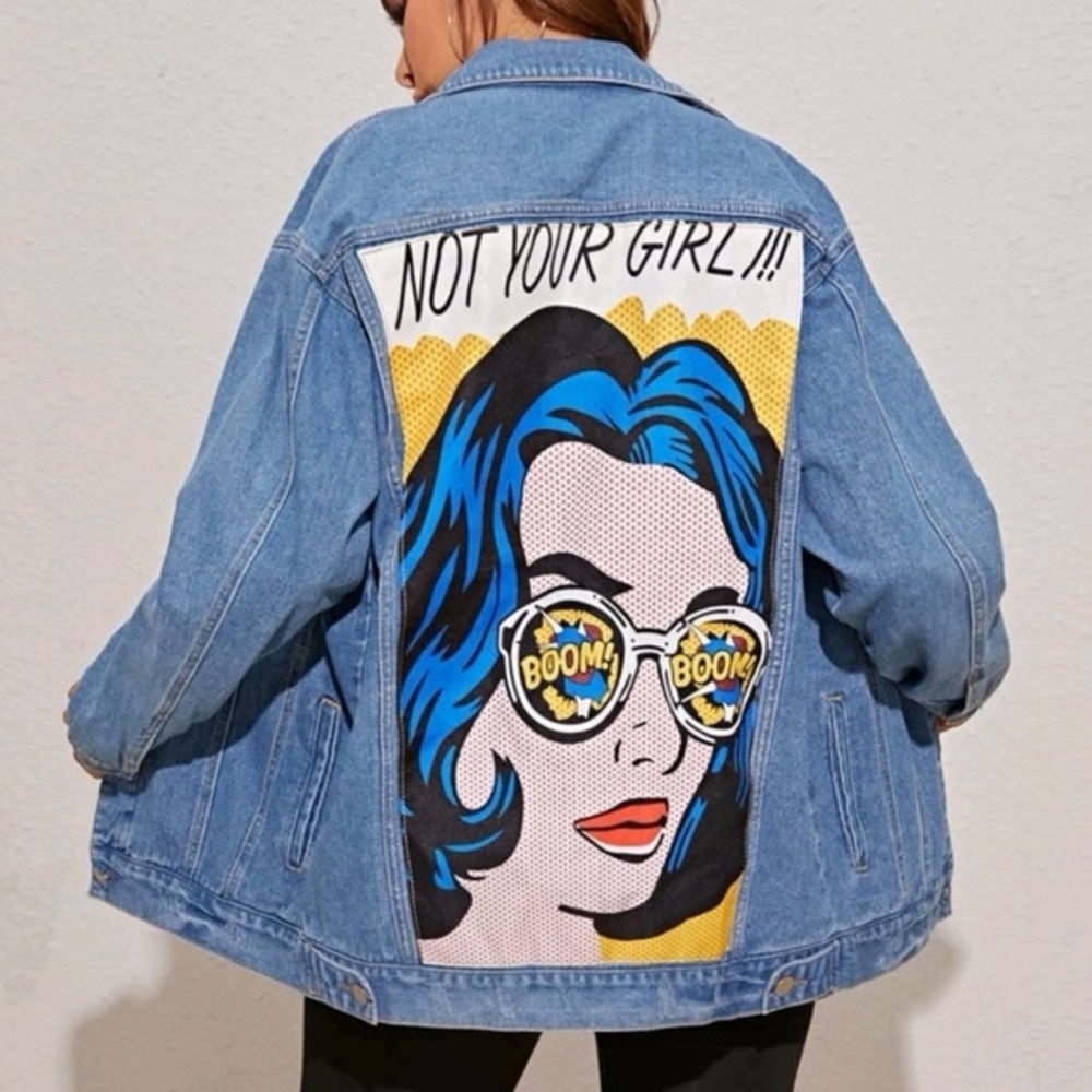 Shein Jean Jacket Denim Size L Not Your Girl Boom Boom Comic Pop Cotton/Poly
